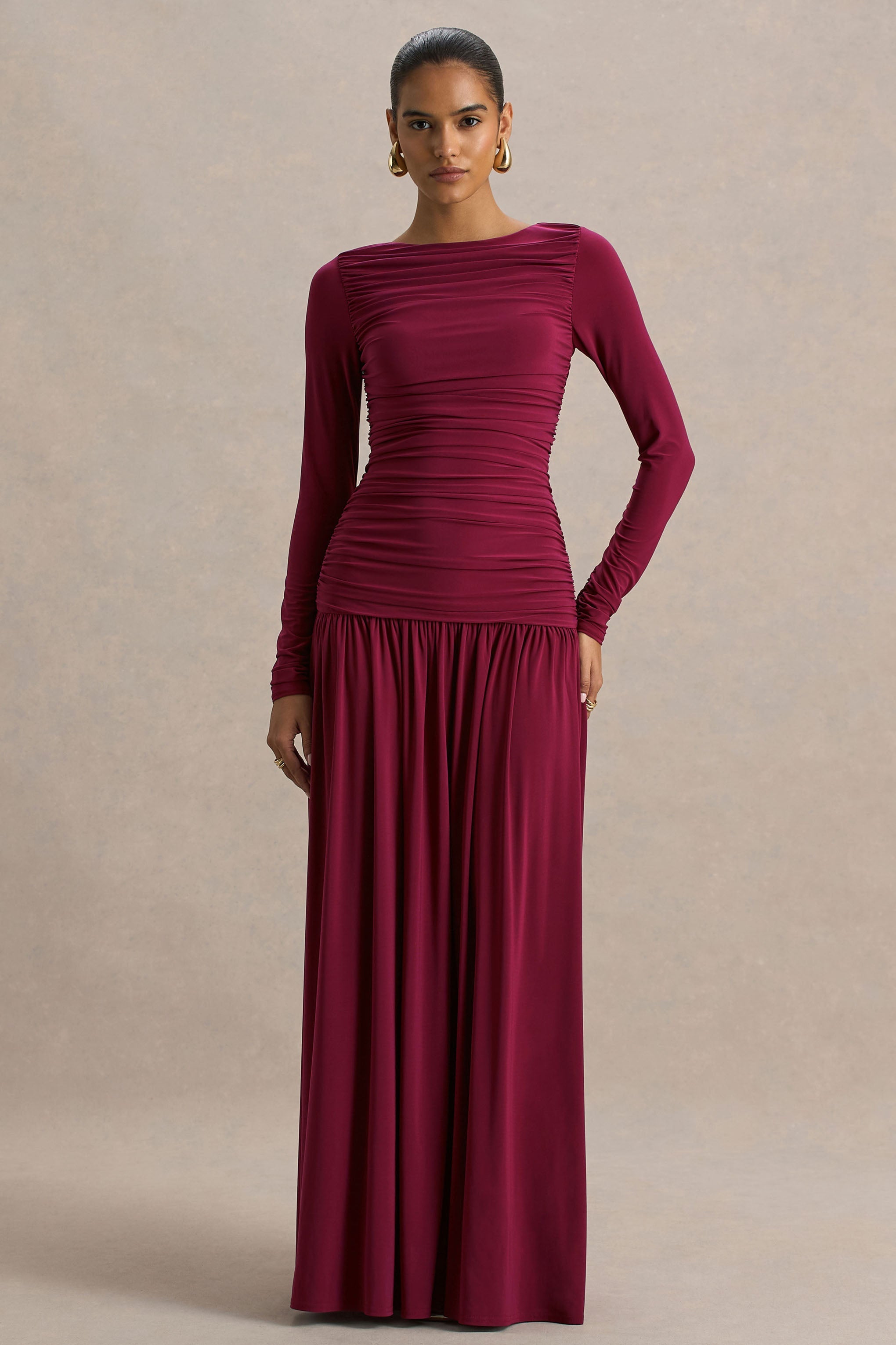Aniyah | Burgundy Slashed-Neck Maxi Dress With Ruched Detailing