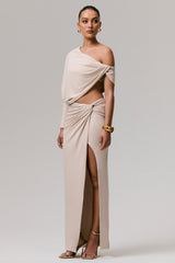 Dua | Stone Asymmetric One-Sleeve Draped Top
