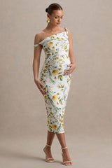 Salome | Lemon Floral Print Twisted Asymmetric Maternity Midi Dress