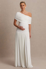 Noah | White Asymmetric-Neck Maternity Maxi Dress With Drop-Waist