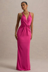 Santez | Hot Pink Twisted Plunge-Neck Maxi Dress