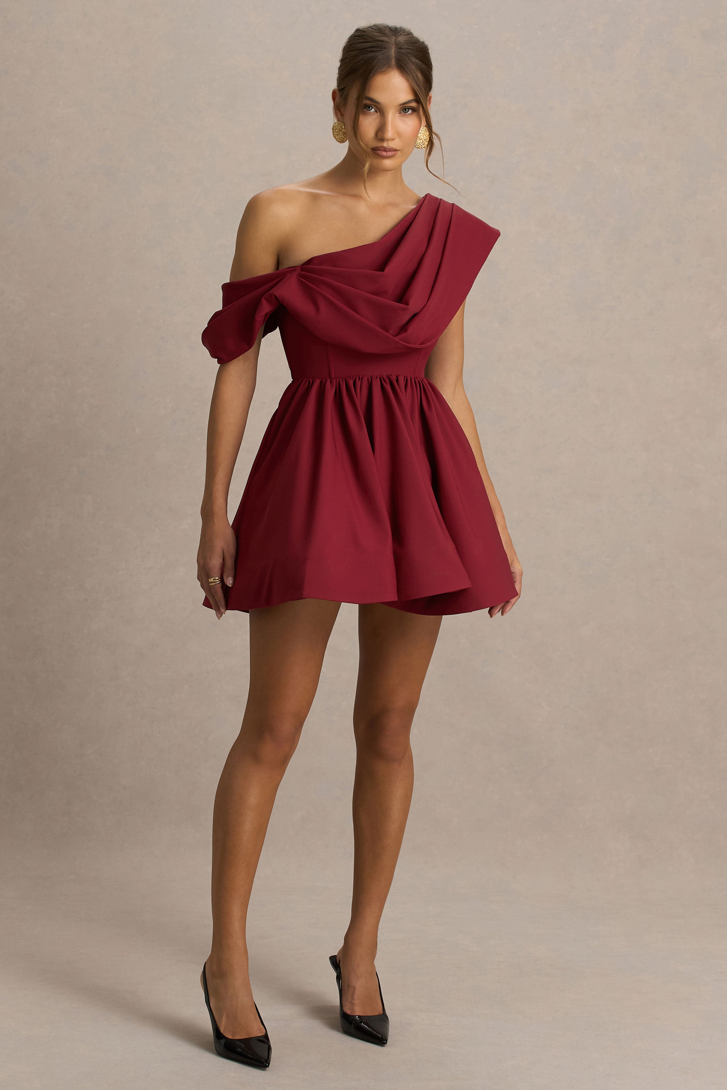 Verona | Burgundy  Draped Asymmetric-Neck Skater Mini Dress