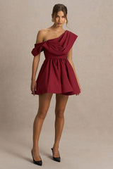Verona | Burgundy  Draped Asymmetric-Neck Skater Mini Dress
