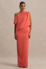 Ronnie | Coral Satin Asymmetric-Neck Maxi Dress With Draping Detail