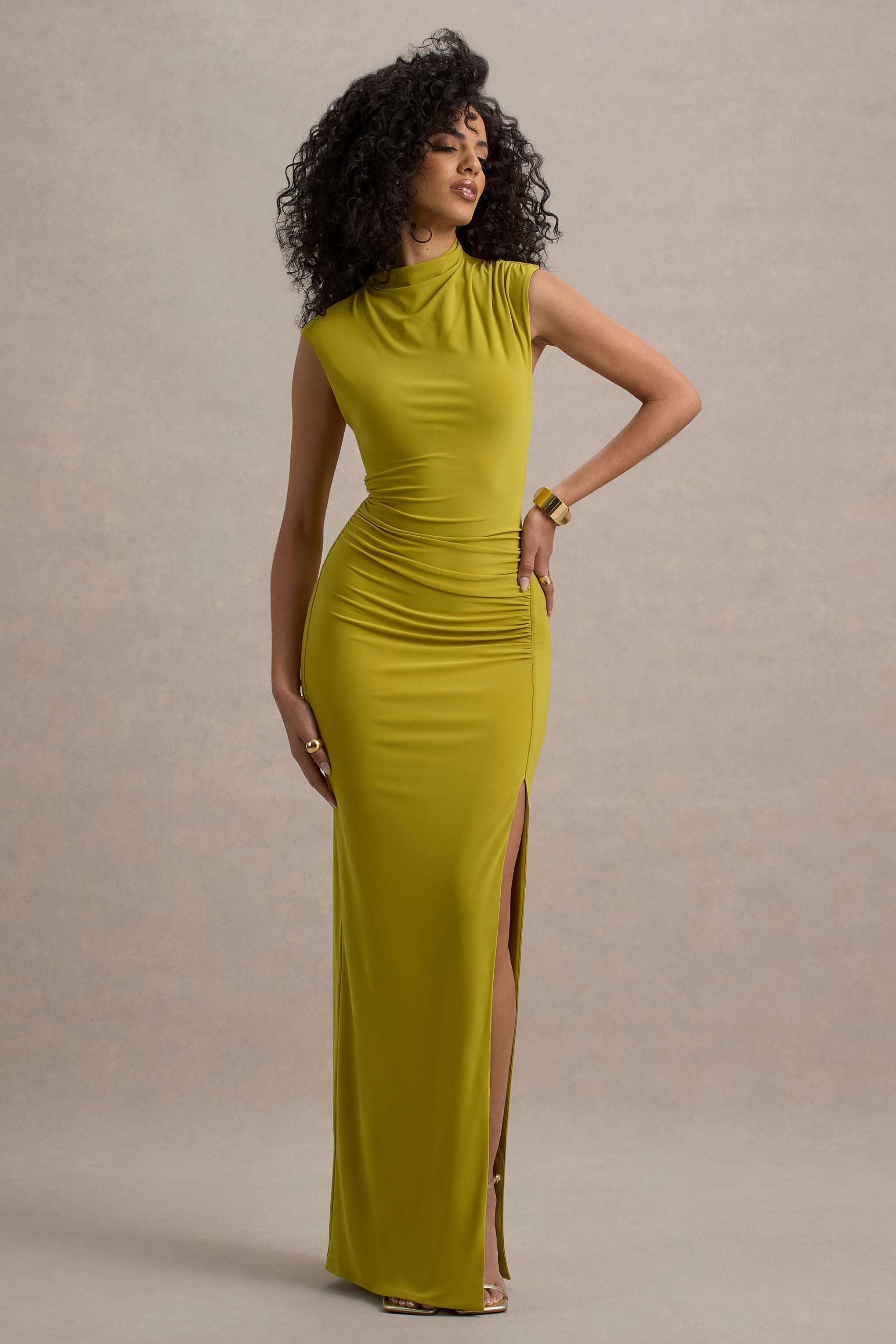 Lanetta | Green Ruched High-Neck Maxi Dress With Split