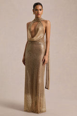Anele | Gold Sequin High-Neck Sheer Maxi Dress With Sash And Open-Back