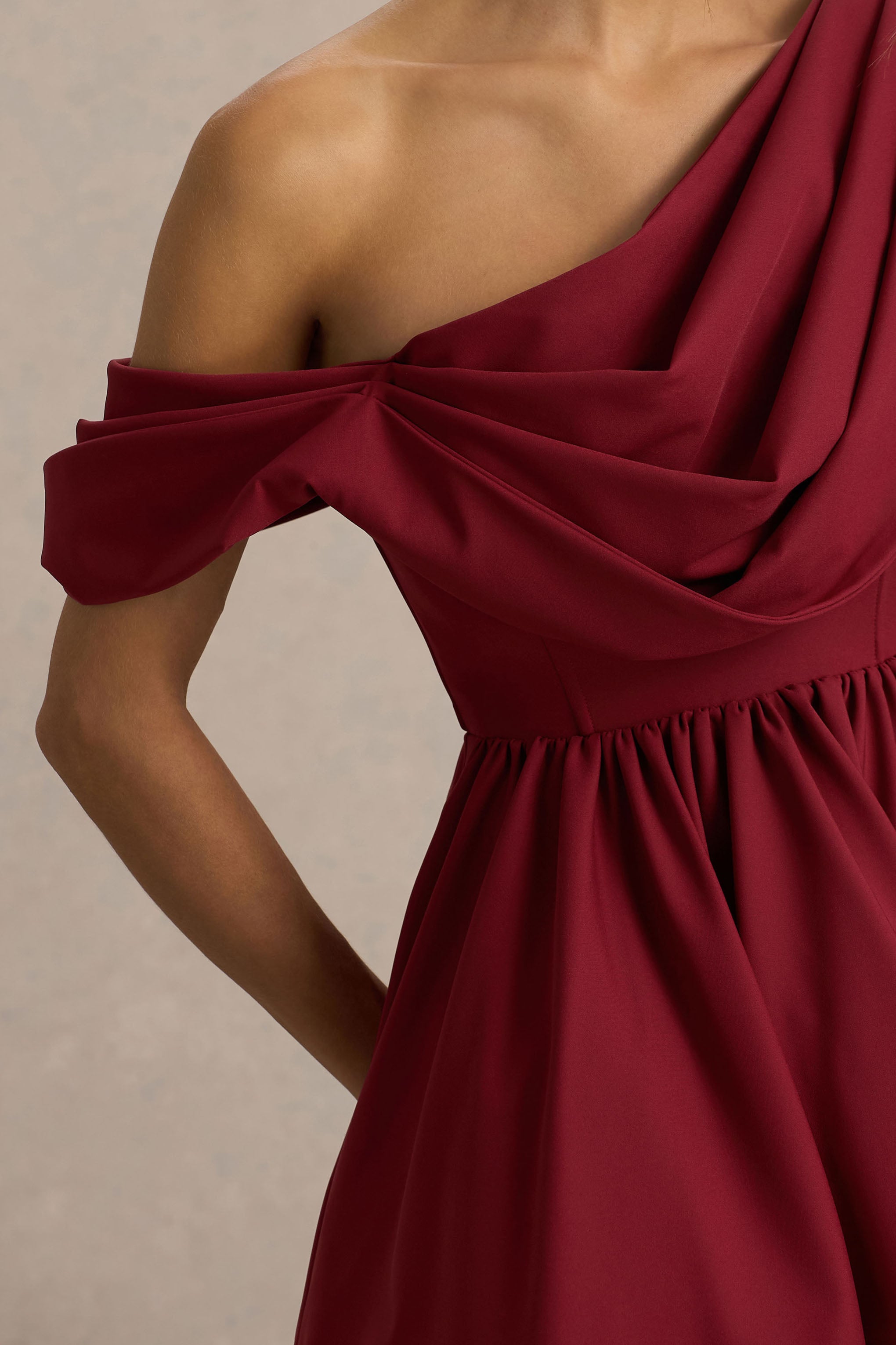 Verona | Burgundy  Draped Asymmetric-Neck Skater Mini Dress