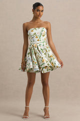 Valerian | Lemon Floral Print Bandeau Mini Dress With Ruffle Hem