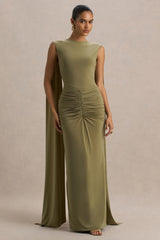 Premiere | Olive Boat-Neck Maxi Dress With Cape-Sleeves And Open-Back