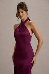 Sansa | Burgundy Satin Cross Halter-Neck Plisse Maxi Dress