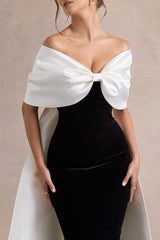 Wanting More | Black & White Satin Cape Maxi Dress With Oversized Bow