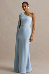 Athens | Powder Blue Asymmetric-Neck Maxi Dress With Cape Sleeve Detail