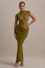 Asia | Green Sheer Short-Sleeve Draped Maxi Dress