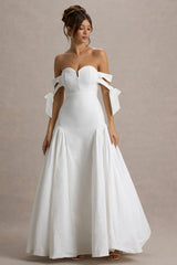 Ethel | White & Cream Bardot Maxi Dress With Volume Skirt