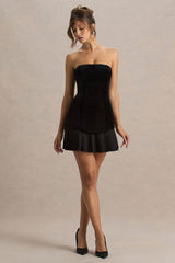 Valentina | Black Velvet Bandeau Mini Dress With Pleated Detailing