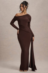 Valina | Brown Ruched Asymmetric Maxi Dress With Drape