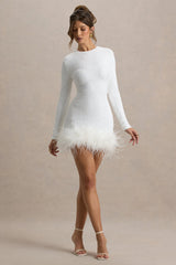 Claudia | White Sequin Crew-Neck Feather Hem Mini Dress With Long Sleeves