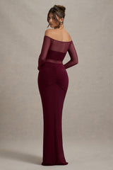 Cover Star | Burgundy Mesh Bardot Long-Sleeve Draped Maxi Dress