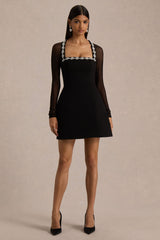 Emmey | Black Crepe And Mesh Square-Neck Mini Dress