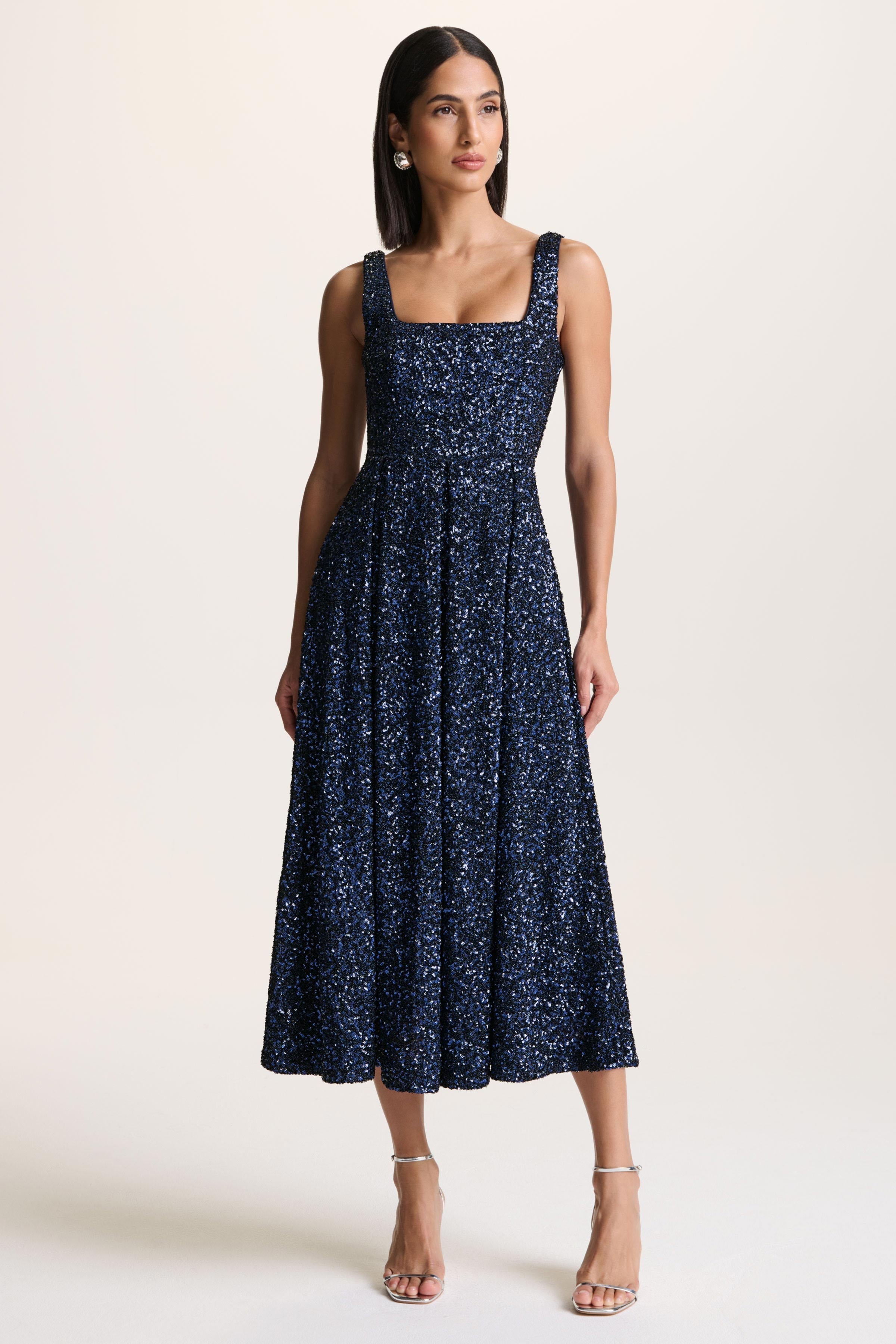 Lima | Navy Sequin Square-Neck A-Line Midi Dress