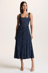 Lima | Navy Sequin Square-Neck A-Line Midi Dress