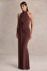 Hyla | Brown High-Neck Maxi Dress With Sash-Detail