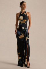 Sunflower | Dark Lily Print High-Neck Maxi Dress With Front-High Split