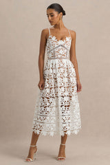 Zuri | White Lace Sweetheart Midi Dress With Cami Straps
