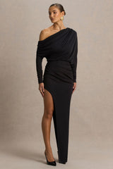 Olivia | Black Asymmetric-Neck Maxi Dress With Ruched Detailing And Asymmetric-Hem