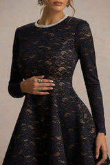 Divine | Black Lace Embellished Crew-Neck Mini Dress