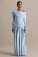 Farah | Powder Blue Asymmetric-Neck Maxi Dress With Drop Waist And Ruched Detailing