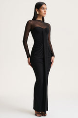 Cadenza | Black Crew-Neck Maxi Dress With Mesh And Gathered-Detailing