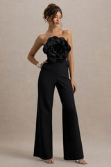 Opia | Black Bandeau Wide-Leg Jumpsuit With Large Floral Corsage