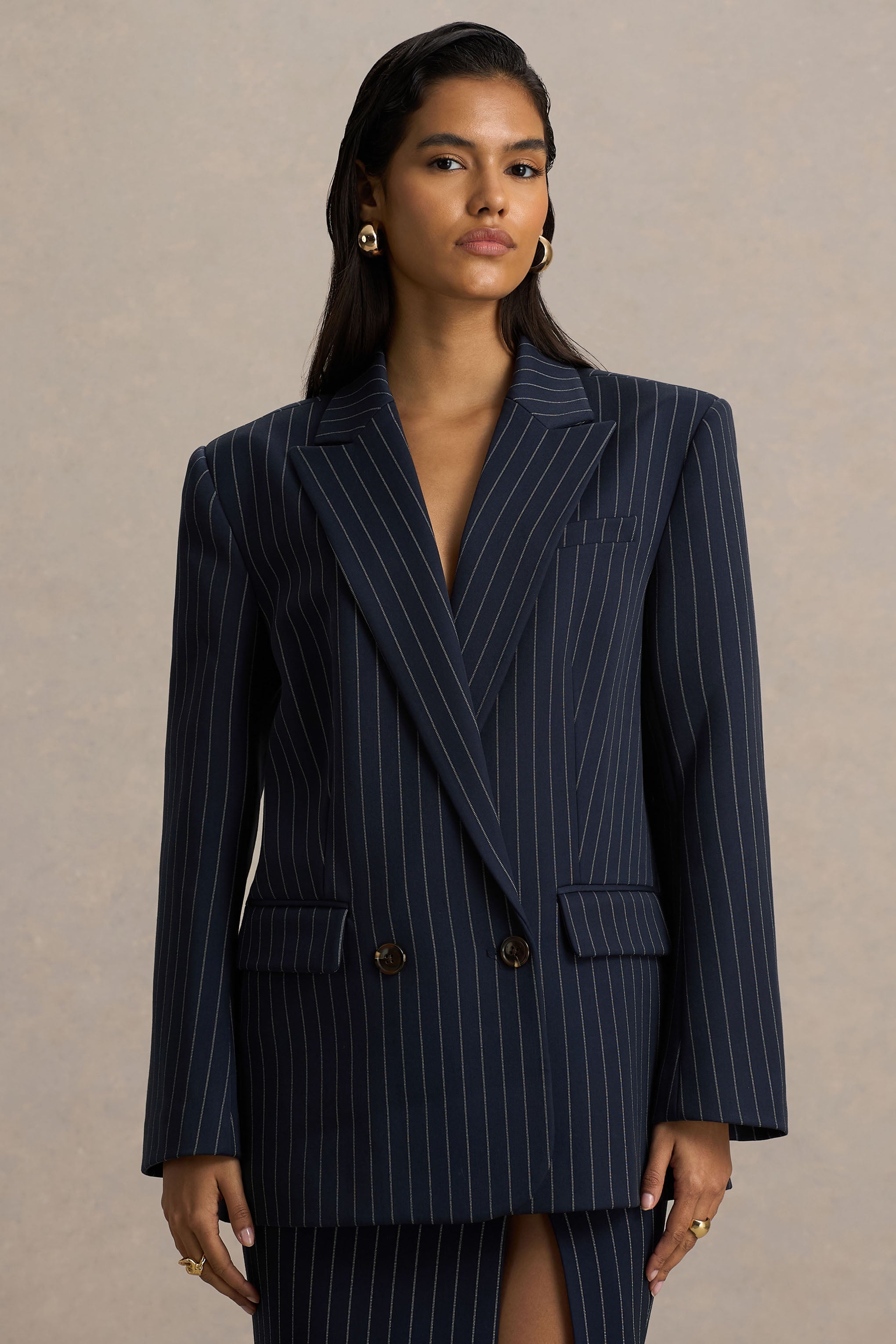 Alana | Navy Pinstripe Plunge-Neck Oversized Blazer