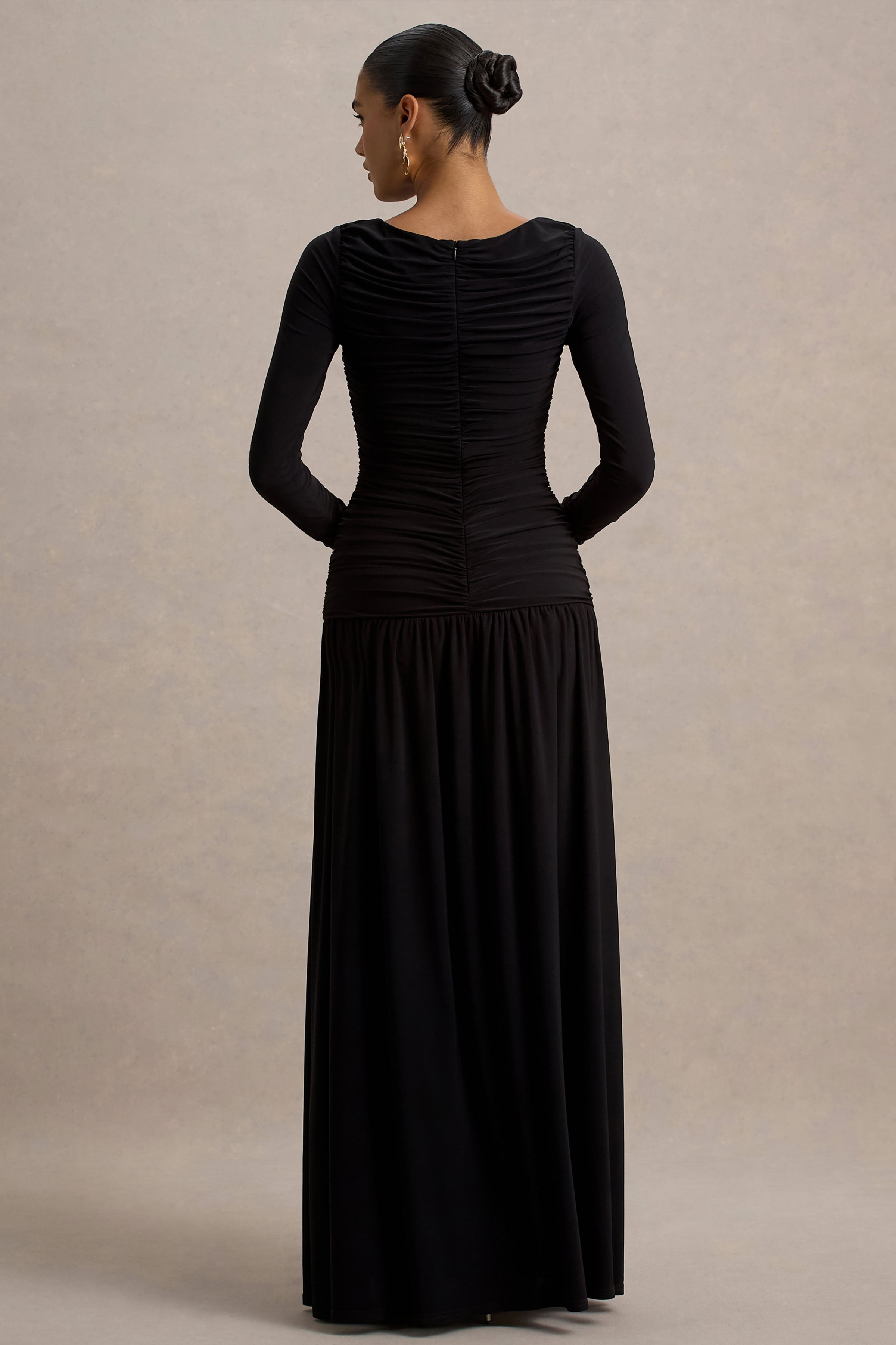 Aniyah | Black High-Neck Maxi Dress With Ruched Detailing