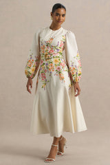 Dahlia | White Floral Border Print High-Neck Midi Dress