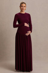 Monroe | Burgundy Crew-Neck Maternity Maxi Dress With Drop-Waist