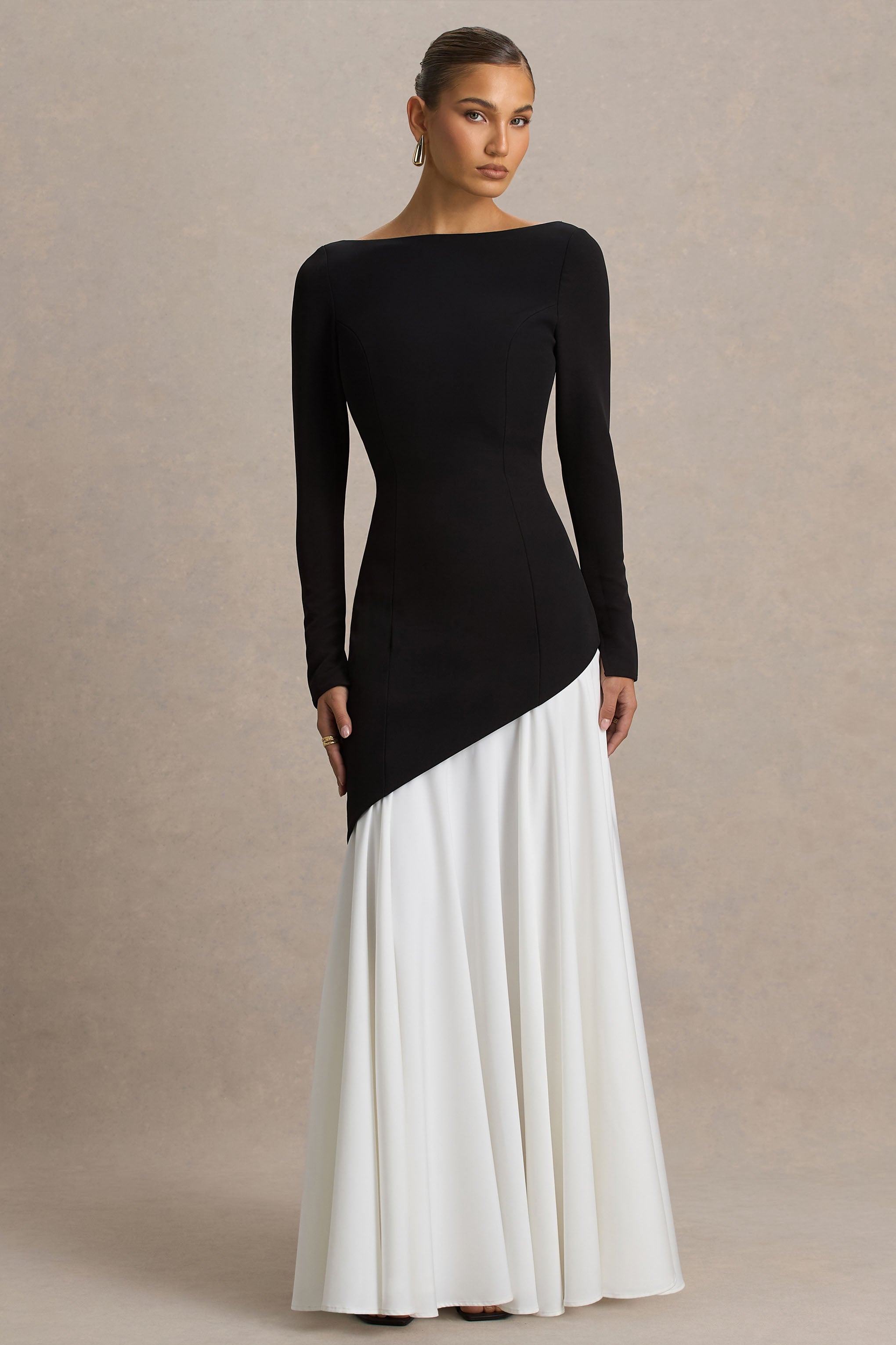 Caty | Black And White Long-Sleeved Maxi Dress With Asymmetric Drop-Waist