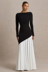 Caty | Black And White Long-Sleeved Maxi Dress With Asymmetric Drop-Waist