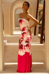 Ceremony | Large Pink Floral Print Bandeau Fishtail Maxi Dress