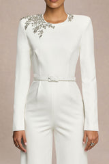 Prize | Cream Crew-Neck Jumpsuit With Embellishment Detail