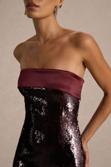 Casandra | Burgundy Sequin Bandeau Mini Dress With Satin Trim