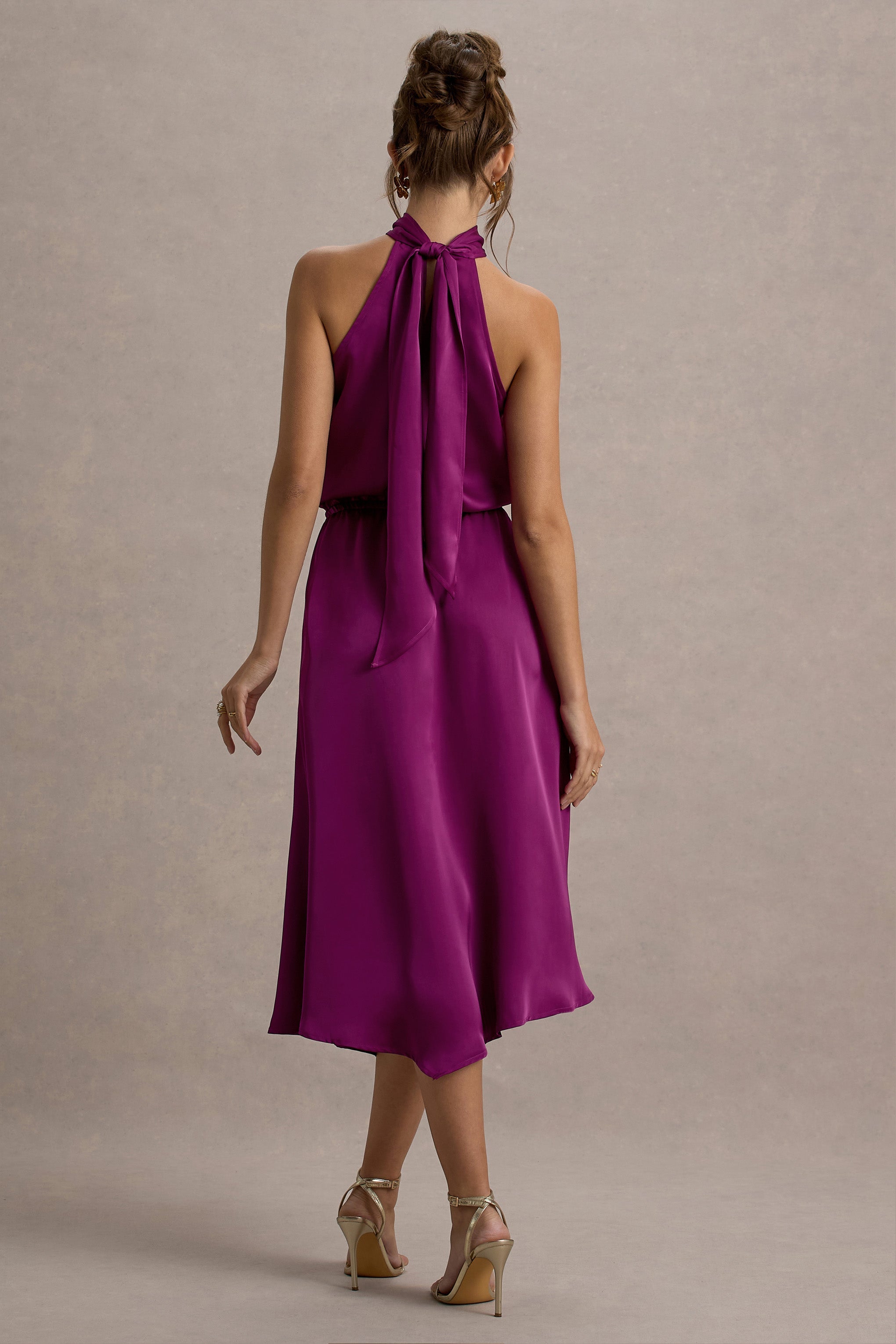 Palonia | Dark Pink Satin High-Neck Split Midi Dress