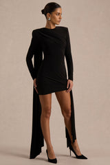 Zora | Black Crew-Neck Mini Dress With Knot And Sash Detail