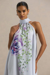 Evita | Powder Blue Rose Print High-Neck A-Line Mini Dress With Bow