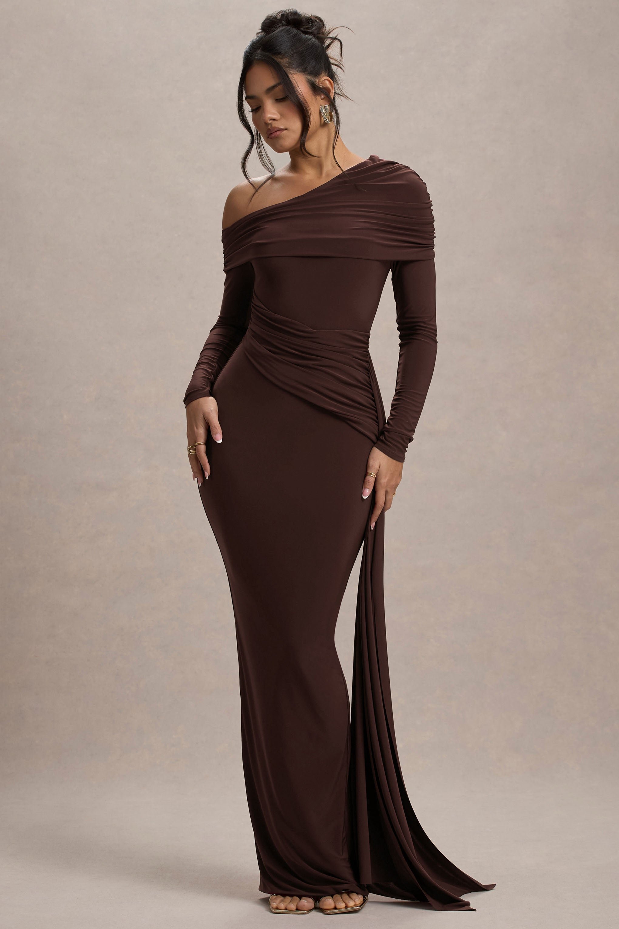 Valina | Brown Ruched Asymmetric Maxi Dress With Drape
