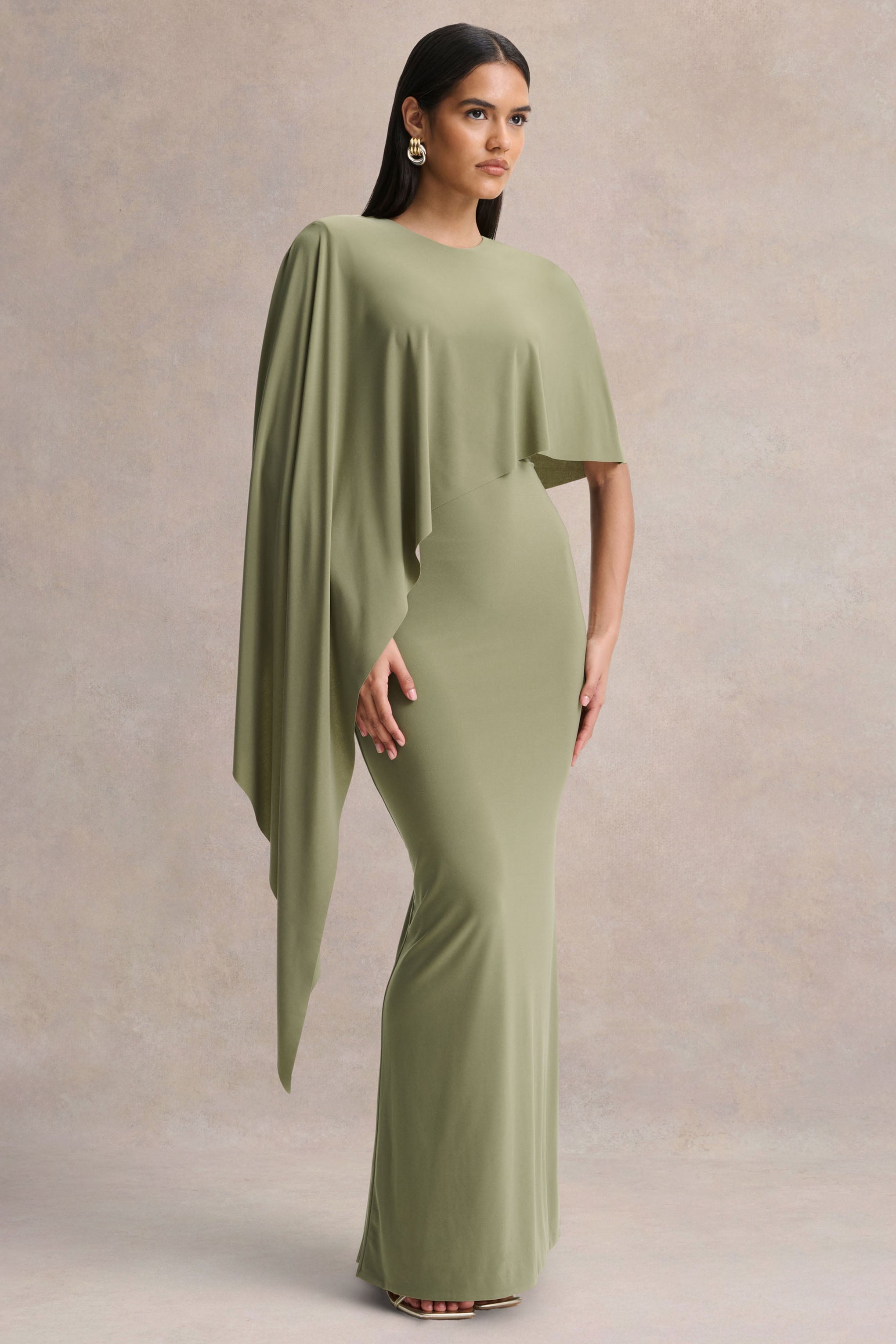 Ravena | Olive Crew-Neck Maxi Dress With Asymmetric-Cape Sleeve