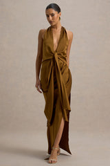 Lynette | Olive Satin Plunge-Neck Maxi Dress With Asymmetric Hem