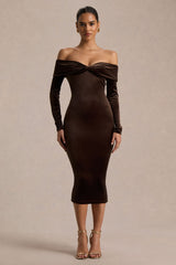 Compliment | Brown Velvet Bardot Midi Dress