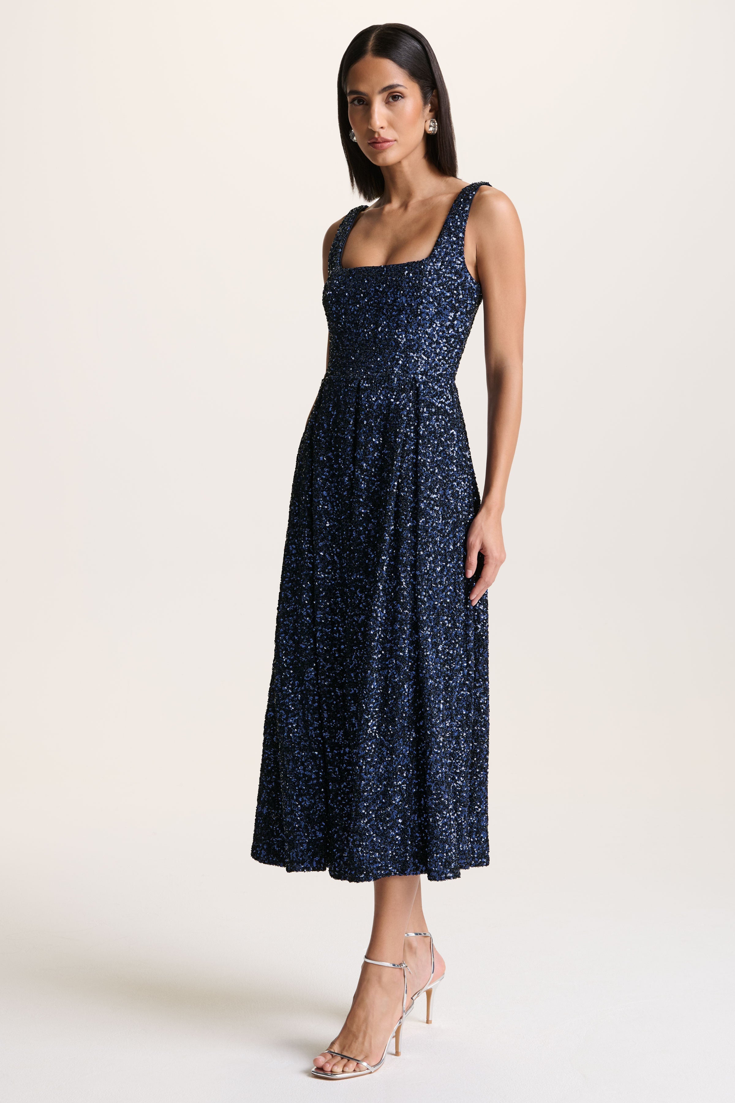 Lima | Navy Sequin Square-Neck A-Line Midi Dress